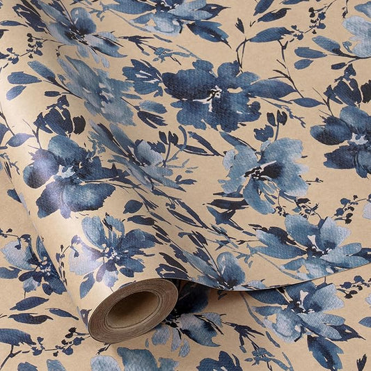 RUSPEPA Blue Floral Gift Wrapping Paper, Indigo Gift Wrap, Watercolor Flower Kraft Paper Roll, Mini Roll Wrapping Paper for Girls, Women, Spring and Birthday, 17 in x 32.8 ft