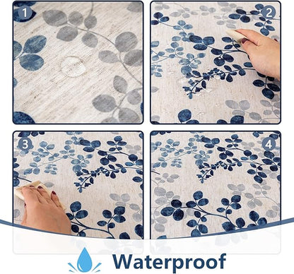 MYSKY HOME Floral Print Rectangle Tablecloth Waterproof Rectangular Table Cloth Linen Farmhouse Tablecloth for Kitchen Dining Spring Leaves Tablecloth for 8 Feet Table，60 x 120 Inches, Blue