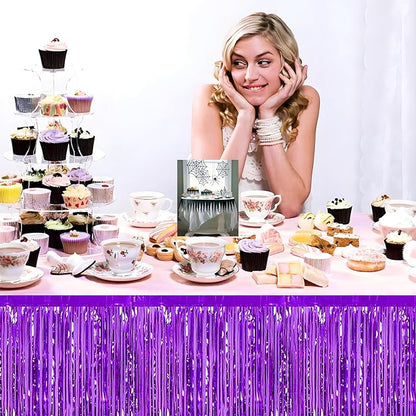 3 Pack 29x108 Inch Purple Foil Fringe Table Skirts Metallic Banner for Tinsel Streamer Garland Backdrop for Parade Floats Wedding Thanksgiving Birthday Christmas Halloween Party Decoration