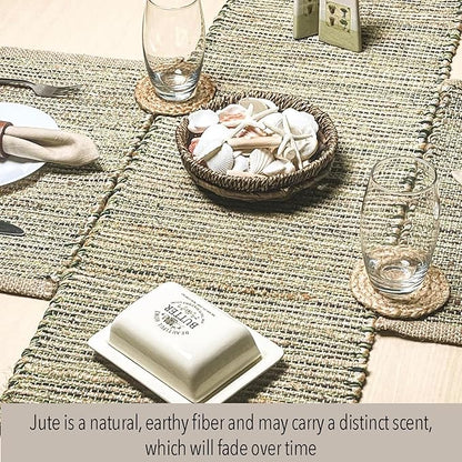 Chardin home Natural Jute Table Runner 13x36 Inch – Vintage Boho Rustic Table Decor – Handwoven Table Runner in Natural Jute and Green – Farmhouse Dining or Console Table Accent