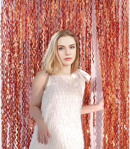 4 Pack 3.3x6.6ft Wavy Orange Foil Fringe Backdrop Curtains -Tinsel Streamers Metallic Foil Fringe Backdrop Door for Halloween, Graduation,Baby Shower,Gender Reveal