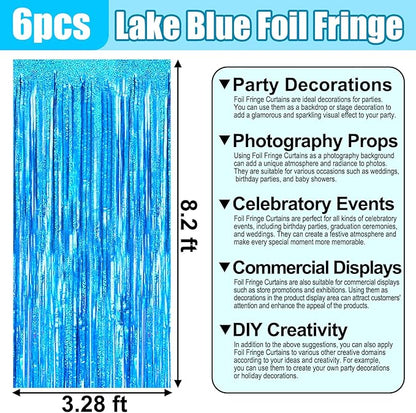 6 Pack Lake Blue Foil Fringe Curtain Backdrop, 3.28Ft x 8.2Ft Metallic Tinsel Foil Fringe Streamer Curtains for Photo Booth, Birthday, Wedding, New Year Party Decorations