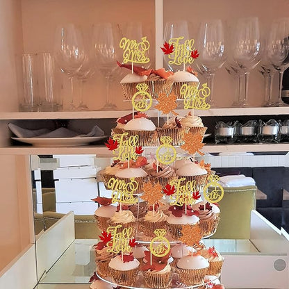 24 PCS Fall in Love Cupcake Toppers Glitter Maple Leaf Cupcake Picks Mr & Mrs Diamond I Do Cupcake Decorations for Autumn Wedding Engagement Bridal Shower Theme Party Cake Decorations Supplies