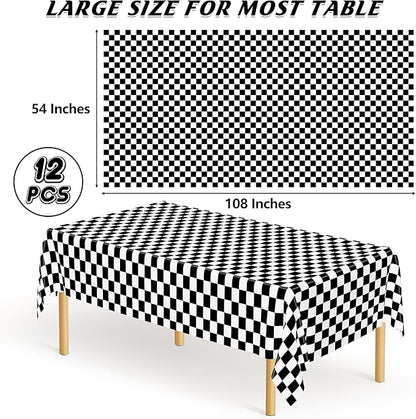 12Pack Table Cloth Rectangle Table, 54" x 108" Plastic Tablecloth, Black and White Checkered Table Covers, Waterproof Disposable Table Cloth for Outdoor Picnic Indoor Birthday Party Supplies Dinner