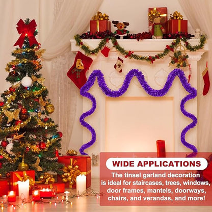 25 Feet Purple Christmas Tinsel Garland, Metallic Foil Twist Banner Wall Hanging Tinsel Streamers Backdrop for Parade Floats, Christmas, Mother's Day, Birthday Party Decorations(4in x 25ft)