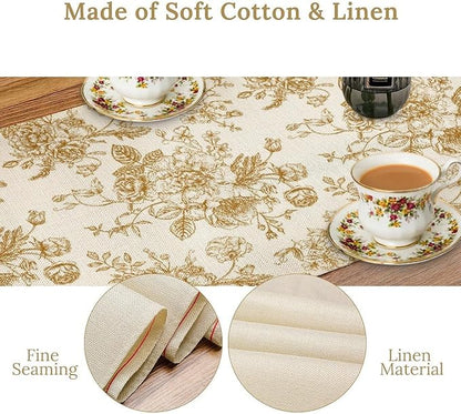 Retro Floral Table Runner, Golden White Wildfloral Sketch Print Kitchen Dinning Table Runner for Indoor Outdoor Home Wedding Party Holiday, 13x36 Inch