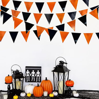 Black Orange Party Decoration Metallic Fabric Triangle Pennant Banner Flag Bunting Garland for Graduation Halloween Fall Autumn Thanksgiving Birthday Wedding Baby Shower Bridal Shower Party Supplies