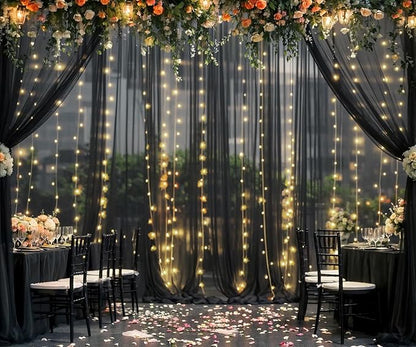 Black Tulle Backdrop Curtain with Lights String for Parites 20ft×8ft Black Sheer Backdrop Curtains for Baby Shower Wedding Bridal Shower Birthday Party Photo Shoot Decorations(4 Panels 5×8ft)