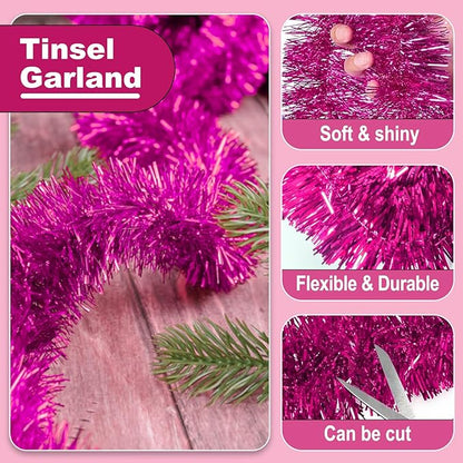 25 Feet Metallic Twist Tinsel Garland Backdrop for Parade Floats, Christmas Eve, New Year, Valentine's Day Party Decorations (Fuchsia, 4in x 25ft)