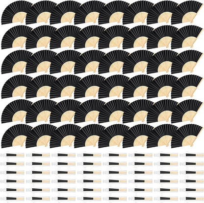 48 Pieces Black Hand Held Bamboo Folding Fans Paper Fans Handheld for Women Foldable Girls Wedding Decoration Church Home Party Favors Summer