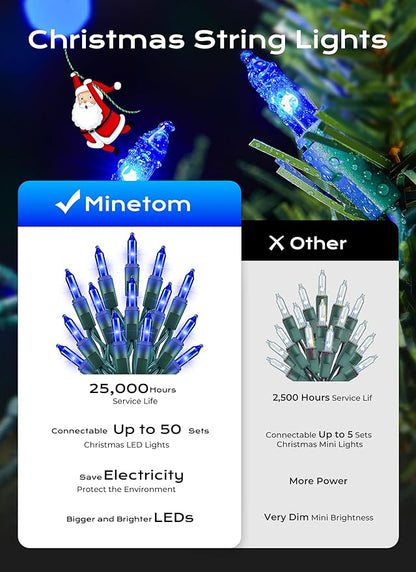 Minetom LED Blue Christmas String Lights, 100 Count 33 Feet LED Christmas Lights Bulb, Christmas Decorations Indoor, Christma Tree Lights for Indoor Outdoor Xmas Wedding Party Festival