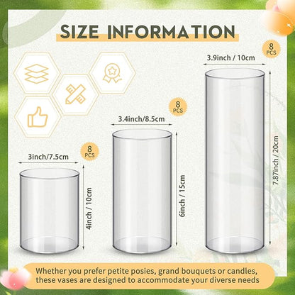Nuogo 24 Pcs Plastic Cylinder Vases Tall Clear Flower Vases for Centerpieces Hurricane Candle Holder for Home Wedding Office Party Formal Dinners Decorations (4''/6''/8'')