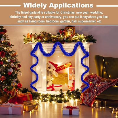 25 Feet Metallic Twist Tinsel Garland Backdrop for Parade Floats, Christmas Eve, New Year, Valentine's Day Party Decorations (Blue, 4in x 25ft)