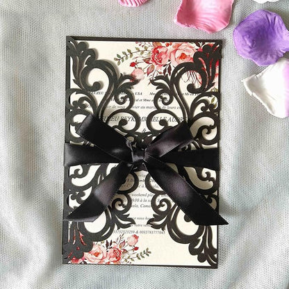 25PCS Laser Cut Wedding Invitations Cards with Envelopes,Blank Inner Sheets,Ribbons for Wedding Bridal Shower Quinceañera Engagement Birthday Invites, pearl black