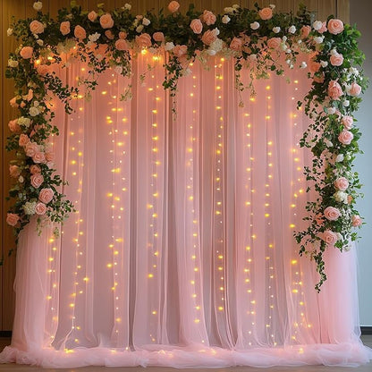 10x10ft Pink Tulle Backdrop Curtain with String Lights, Wrinkle-Free Sheer Wedding Backdrop for Birthday Parties, Baby Showers, Bridal Showers, Photo Shoots and Home Decorations, Pink