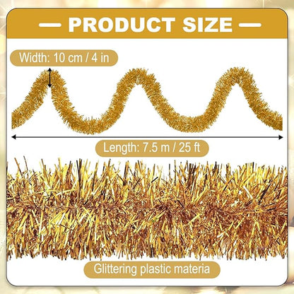 25 Feet Christmas Tinsel Garland, Metallic Twist Wall Hanging Backdrop for Parade Floats, Christmas Eve, New Year, Valentine's Day Party Decorations (Champagne Gold, 4in x 25ft)