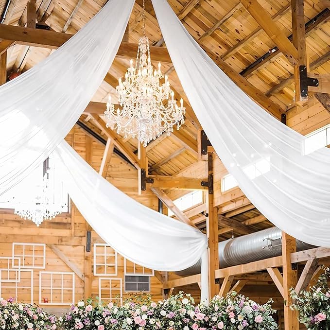 4 Panels White Ceiling Drapes for Wedding 5ftx40ft Chiffon Fabric Arch Draping Curtains Sheer Drapery for Party Ceremony Birthday Baby Shower Reception Stage Ceiling Decorations