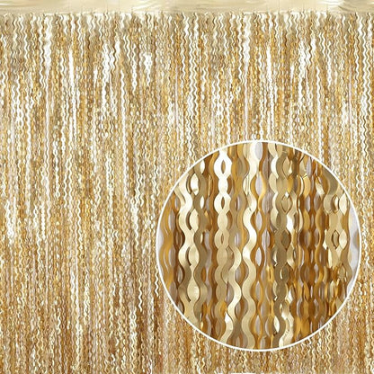 4 Pack Wavy Champagne Gold Metallic Tinsel Foil Fringe Curtains Backdrop - 3.3X6.6ft Foil Fringe Backdrop for Parties | Door Streamers for Birthday | Photo Booth Backdrops Party Decor