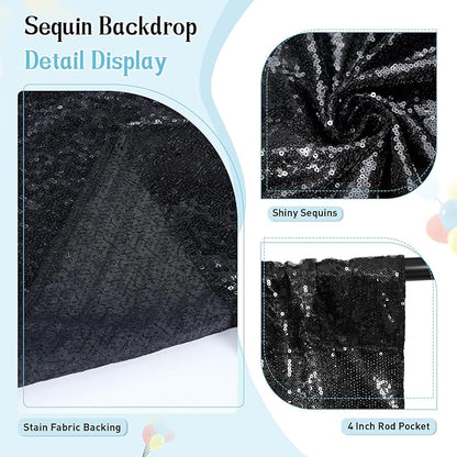 SquarePie Sequin Backdrop Less See Through Thick Background Glitter Curtain for Halloween Party 6FT x 6FT Black