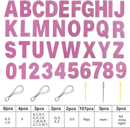 TaoBary 112 Pcs DIY Letter Kit Glitter Customizable Banner Letters Include 107 Letters and Numbers 3 Rope and 2 Needles for Birthday Halloween Christmas Wedding Valentine Party Decor(Pink)