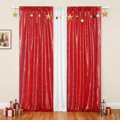 Poise3EHome 2Pcs 2Ft x 8Ft Red Sequin Backdrop Curtains, Glitter Photography Background, Sequence Xmas Thanksgiving Backdrop