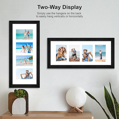 8x20 Picture Frame Set of 2, Rustic Black Wood Frame with Tempered Glass Collage Frame, Display Pictures Four 4x6 With Mat or 8 x 20 Without Mat - Horizontal or Vertical Wall Mounting