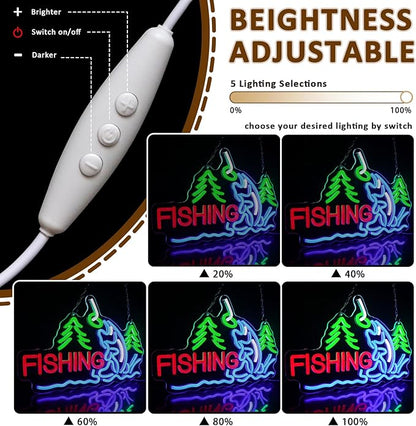 Fishing Neon Sign for Wall Decor, Fish Led Signs for Room, USB Dimmable Neon Lights for Fishing Gear Store Man Cave Bedroom Living Room Game Room Man Cave Party Business Yacht Sign