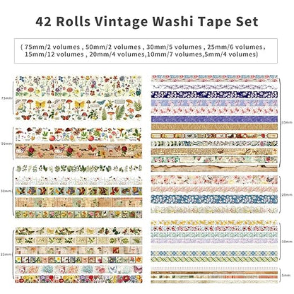 42 Rolls Vintage Washi Tape Set, Floral Letter Butterfly Mushroom Botanical Flower Writable Decorative Tapes for Scrapbooking , Junk Journal Supplies, Bullet Journaling 5-75mm Wide 9.84ft long/Roll