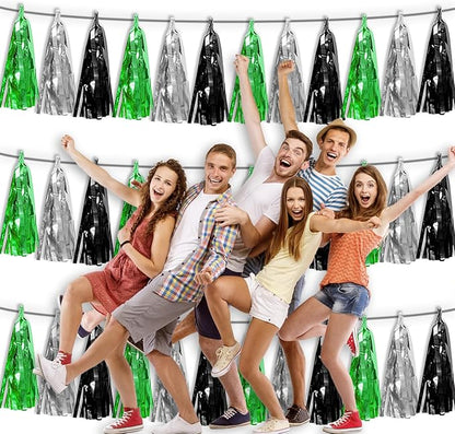 3P Black Silver Green Metallic Fringe Tassel Banner Garland Foil Tinsel Streamer Wall Hanging Curtain Backdrop Banner for Parade Floats, Graduation Decorations, Halloween, Christmas Decorations