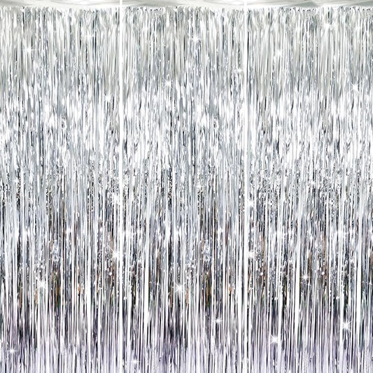 GOER 3.2 ft x 8.2 ft Metallic Tinsel Foil Fringe Curtains Party Photo Backdrop Party Streamers for Birthday,Graduation,New Year Eve Decorations Wedding Decor (Silver,3 pcs)