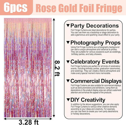 6 Pack Rose Gold Foil Fringe Curtain Backdrop, 3.28Ft x 8.2Ft Metallic Tinsel Foil Fringe Streamer Curtains for Photo Booth, Birthday, Wedding, New Year Party Decorations