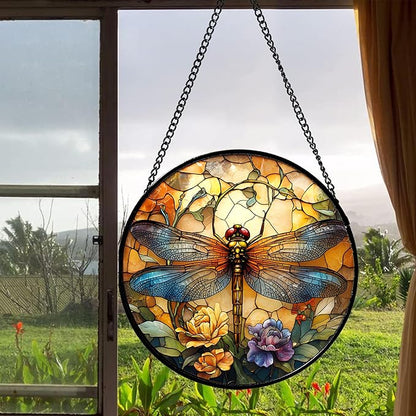 Stained Glass Window Hanging - Orange Blue Dragonfly Flower Suncatcher for Doors Window Home Sun Catchers Decor Christmas Mother's Day Birthday Outdoor Gifts for Women Men Mom Nana 6.3 in
