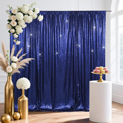 SquarePie Sequin Backdrop Less Transparent Background Sparkly Curtain for Wedding Party 8FT x 8FT Navy Blue