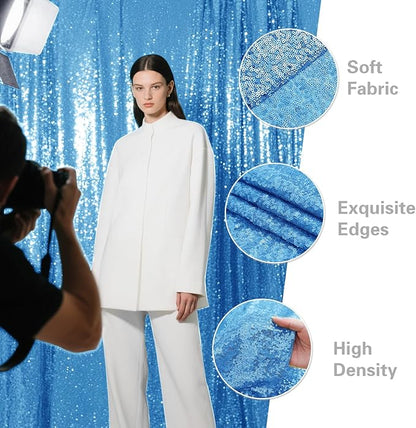 Blue Sequin Backdrop Curtain 2 Pieces 2FTx8FT Glitter Photography Backdrop for Party Wedding Birthday Christmas Decorations
