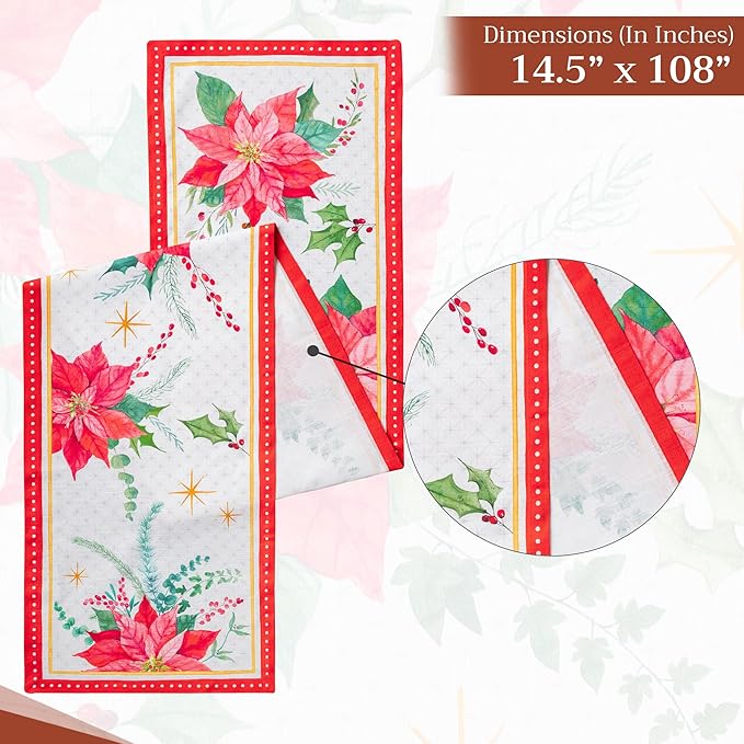 Maison d' Hermine Table Runner 100% Cotton Double Layer Table Runners 108 inches Long for Thanksgiving Christmas Decorations Home Kitchen Dining Party Wedding (Poinsettia Christmas, 14.5" x 108")