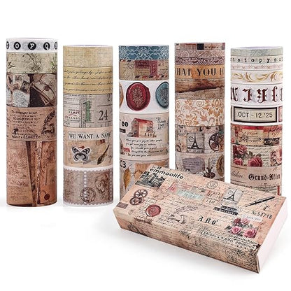 34 Rolls Vintage Washi Tape Set,Letter Map Stamp Stripe Literature Art Writable Aesthetic Washy Decorative Tapes for Scrapbooking, Junk Journal Supplies, Bullet Journaling 5-50mm Wide (3m Long)/Roll