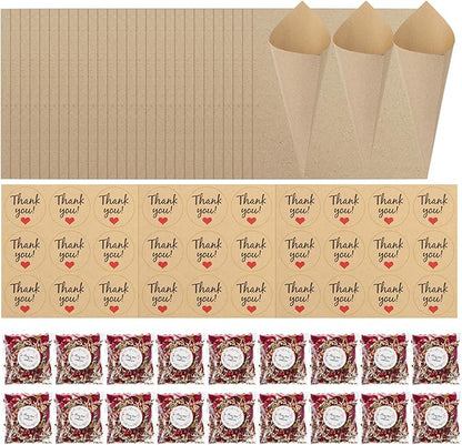 PATIKIL Dried Flower Confetti Cones, 30Pcs Paper Tapers Cone Holder with Dried Rose Petal / Sticker for Wedding Party Engagement Birthday DIY Decoration, Red
