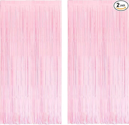 BRAVESHINE Pastel Pink Foil Fringe Curtains Tinsel Backdrop - 2 Pack Photo Booths Party Streamers Supplies for Halloweens/Boo Girls Princess Birthdays Bridal Shower Bachelorette Sweet Bow Decorations