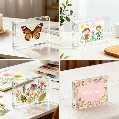 CATIFLIN 4x6 Magnetic Acrylic Frames 2 Pack, Double Sided Clear Frameless Picture Frame Blocks, 20mm Thick Photo Frames Free Standing Display for Family Photos, Certificates, Office, Artwork