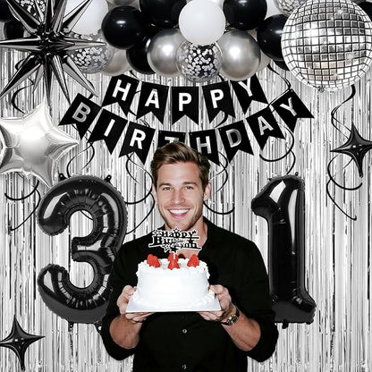 31st Birthday Decorations for Men Women, Black Silver Happy Birthday Party Decorations， 31 Year Old Party Supplies with Number 31 Balloons, Banner, Fringe Curtains Kit