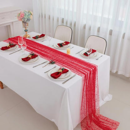 Snowkingdom Red Christmas Table Runner 10 FT, Glitter Metallic Foil Sheer Tulle Cheesecloth Gauze Runner 120 Inch, Red Table Centerpieces Decoration for Wedding Birthday Party Holiday