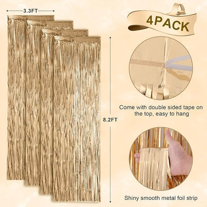 4 Pack Champagne Foil Fringe Backdrop Curtains, Tinsel Streamers Birthday Party Decorations, Fringe Backdrop for Graduation, Baby Shower, Gender Reveal, Disco Party