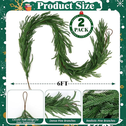 12FT（2 * 6FT）Norfolk Pine Garlands, Christmas Cedar Garland, Real Touch Faux Green Garlands, Winter Artificial Greenery Garland for Mantle, Stairs, Table, Fireplace, Indoor & Outdoor Xmas Decorations
