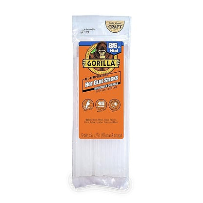 Gorilla Hot Glue Sticks, Clear Glue, Mini Size 8" Long x 0.27" Diameter, 25 Count (Pack of 1) - Safe for All Temperatures with Extended Working Time