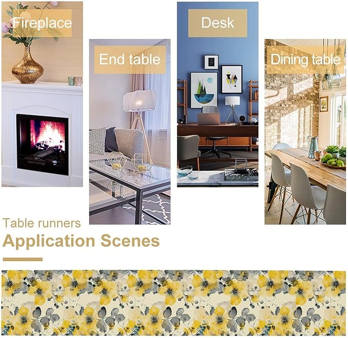 Floral Table Runner,Yellow Flowers Spring Print Table Cloth Kitchen Dining Table Home Party Decoration 13x60 Inch