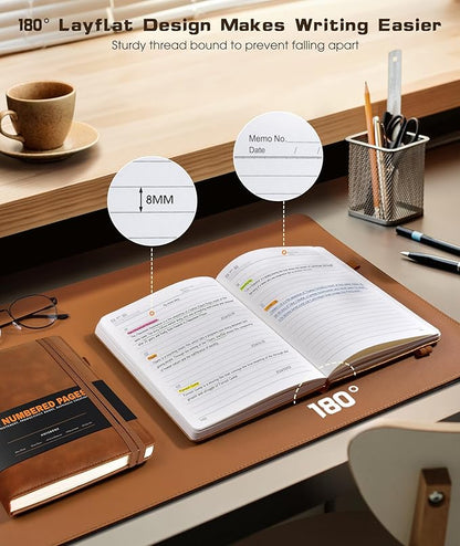 Lined Journal Notebook for Women Men, 256 Numbered Pages Hardcover Leather Journals for Writing, A5 Journaling Notebooks, College Ruled Journal for Business Work School 5.75" x 8.38" Light Brown
