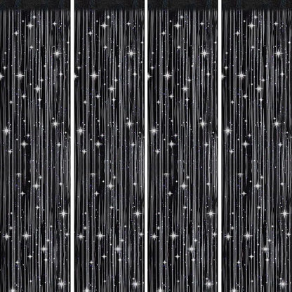 Picoway 4 Pack Foil Fringe Tinsel Backdrop Curtains, Birthday Engagement Bachelorette Party Decorations, Photo Booth Props Door Streamers Curtain (Black)