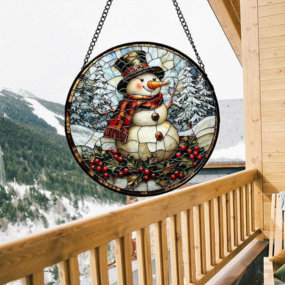 Stained Glass Window Hanging - Christmas Snowman Suncatcher for Door Terrace Garden Home Decor Winter Forest Snow Sun Catcher Birthday Gifts for Lovers Women Men Dad Mom Nana 9.8 in