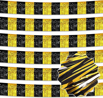 6 Pack 10 Ft Black and Gold Foil Fringe Garland Metallic Streamers Tinsel Banner Wall Hanging Garland Backdrop for Parade Floats, Halloween, Christmas, Thanksgiving, New Year Party Decorations
