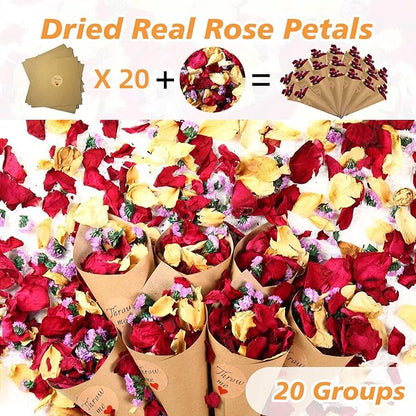 20+ Cups Real Dried Flower Petals, Biodegradable Wedding Flower Confetti, Mix Rose Petals and Purple Static Flowers for Engagement, Valentine's Day, Bath, Flower Girl Party Dinner Table Decor